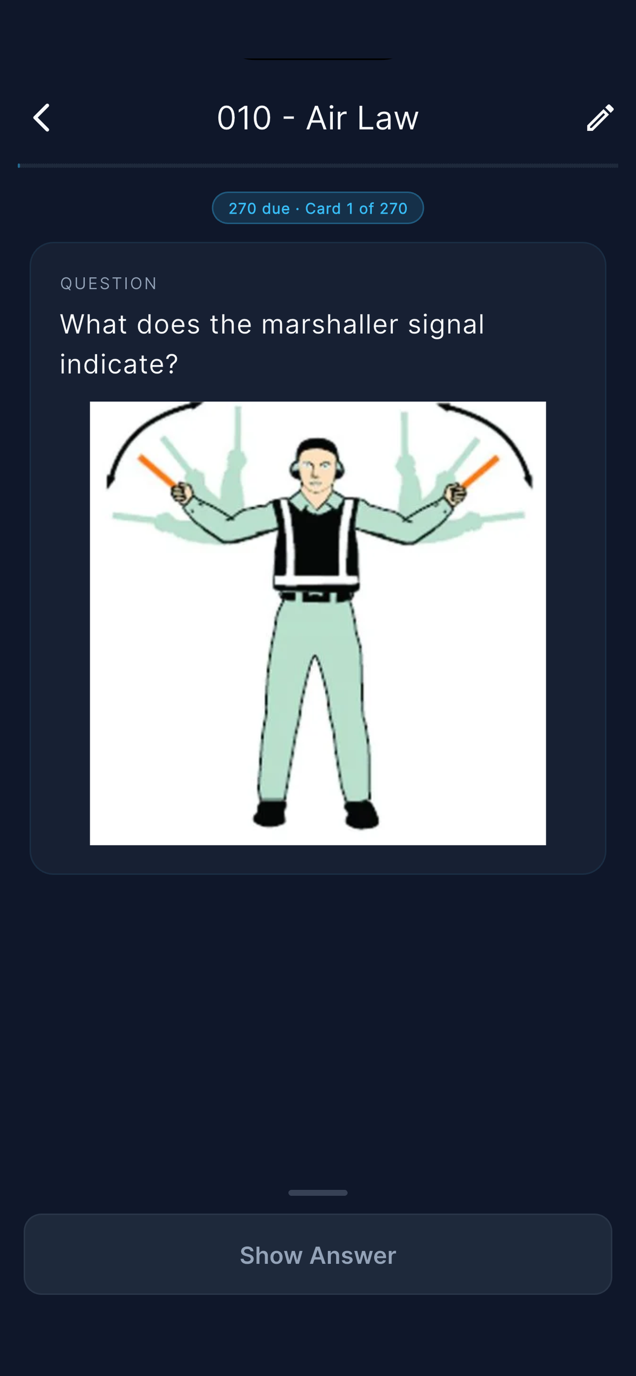 ATPLCards app — flashcard question with marshaller signal image