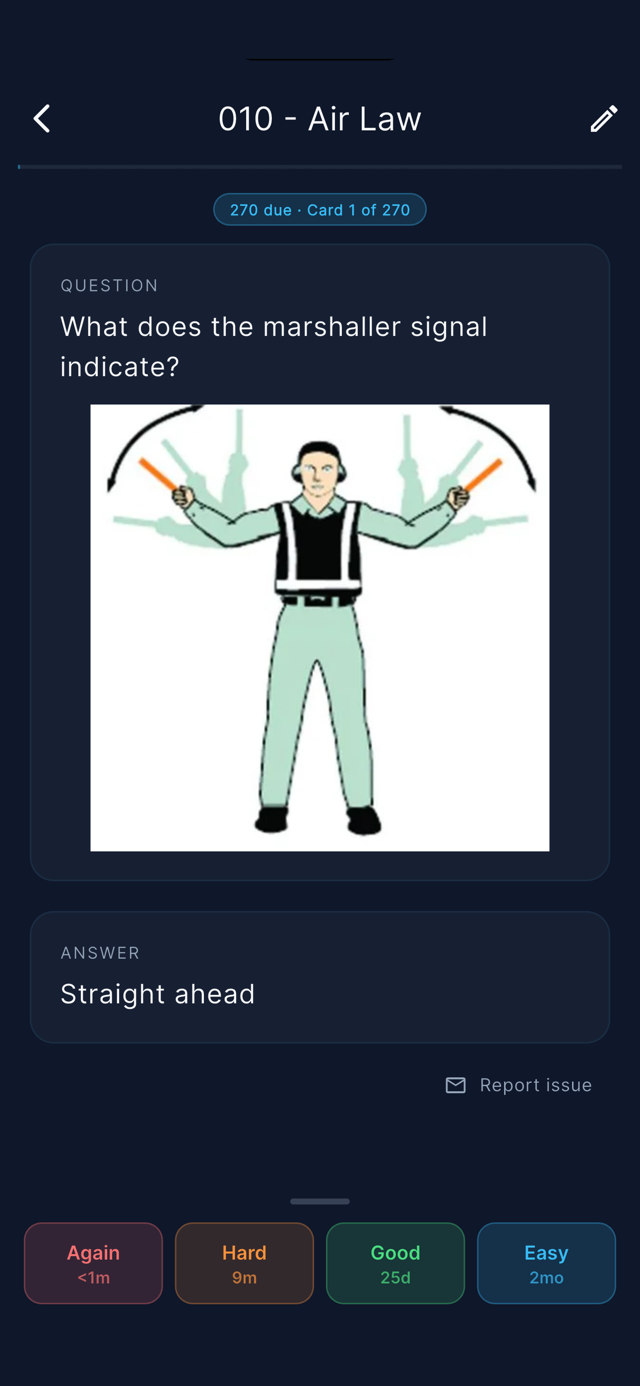 ATPLCards app — flashcard answer revealed: Straight ahead