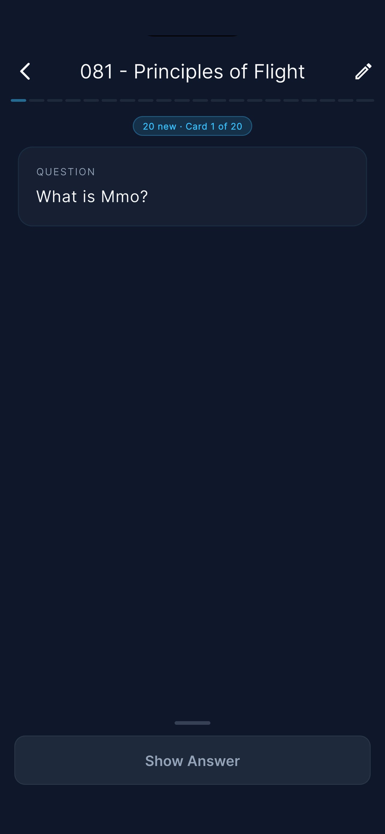 ATPLCards app — text-only flashcard question: What is Mmo?