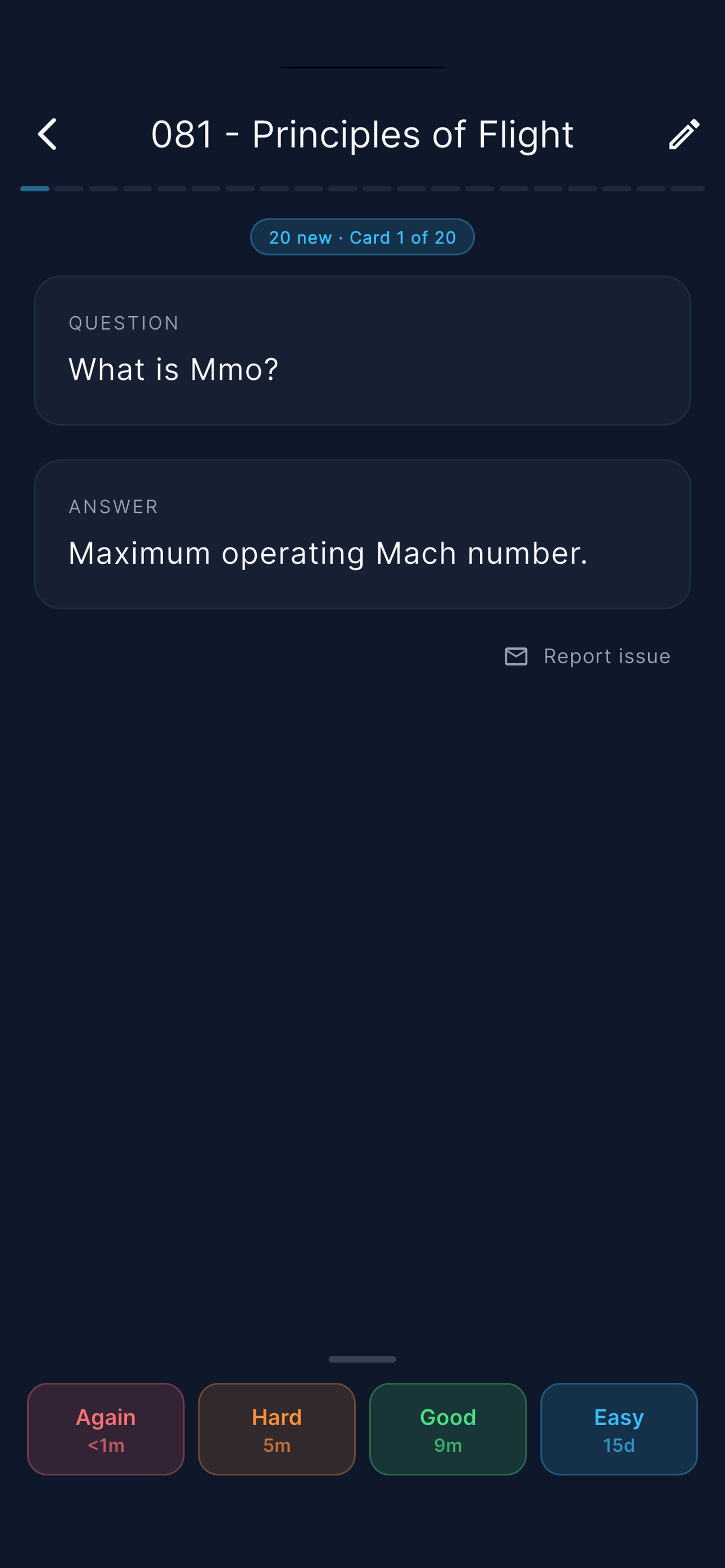 ATPLCards app — flashcard answer: Maximum operating Mach number